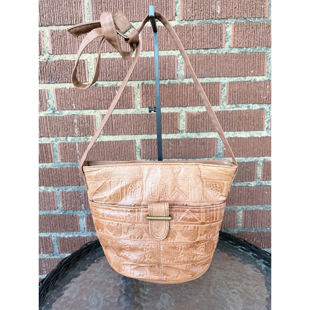 Vintage Tan Embossed Leather Elephant Tribal Crossbody Bucket Bag